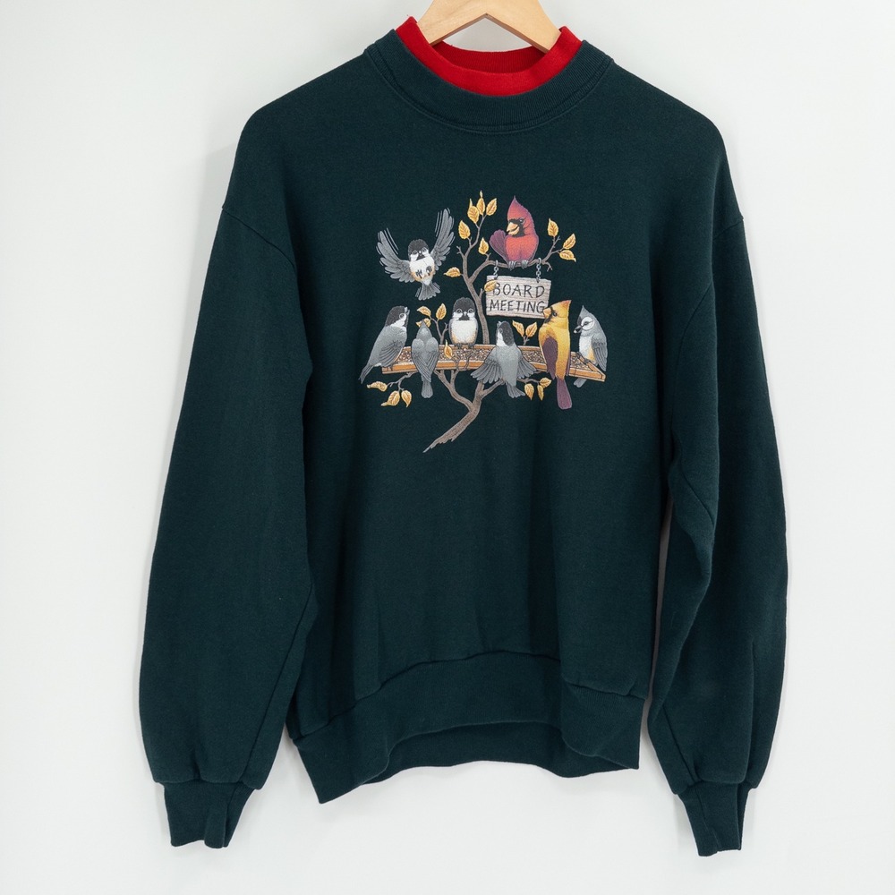 Vintage Bird Christmas Sweatshirt Women M Granny Holiday Winter Indie Cardinal